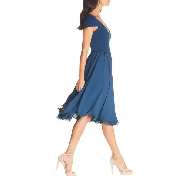 Dress the Population Chiffon Fit And Flare Blue Corey Cocktail Dress Size S  NWT